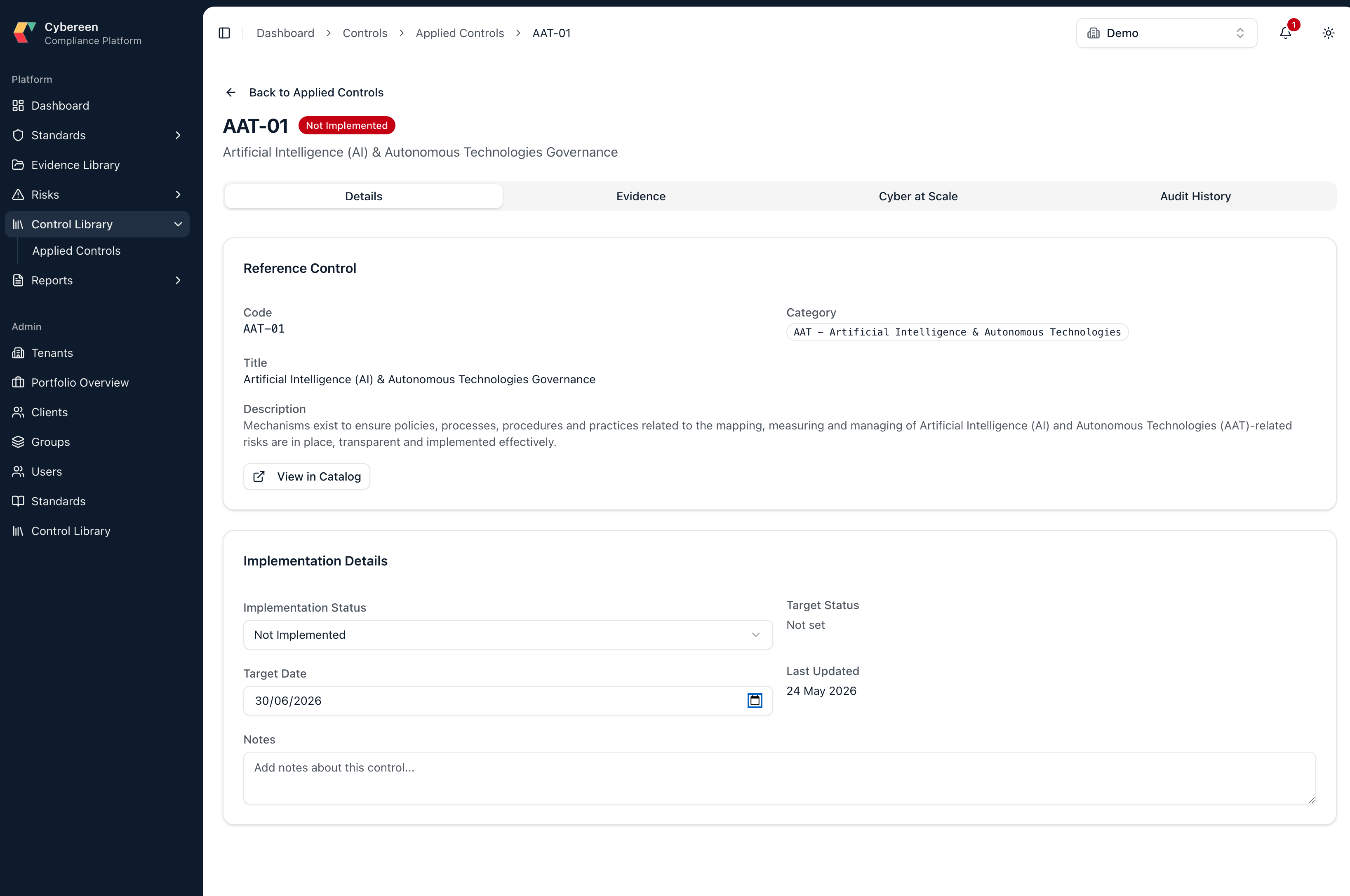 Applied control detail — AAT-01 AI & Autonomous Technologies Governance: reference control, implementation status, target date, and Evidence / Cyber at Scale / Audit History tabs.