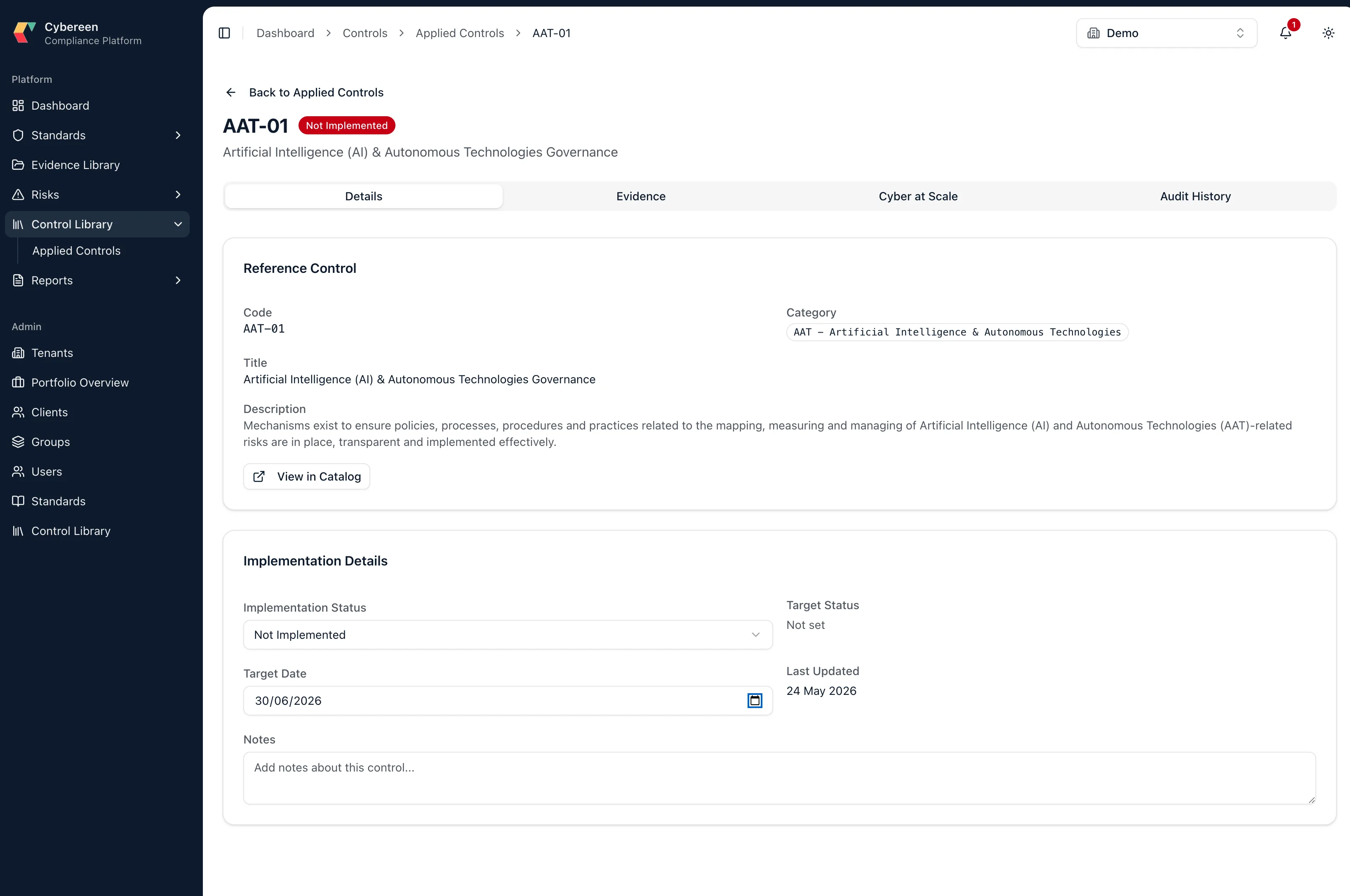Cybereen v2.0 — control-driven: a single applied control with its reference definition, implementation status, evidence, and cross-standard mapping.