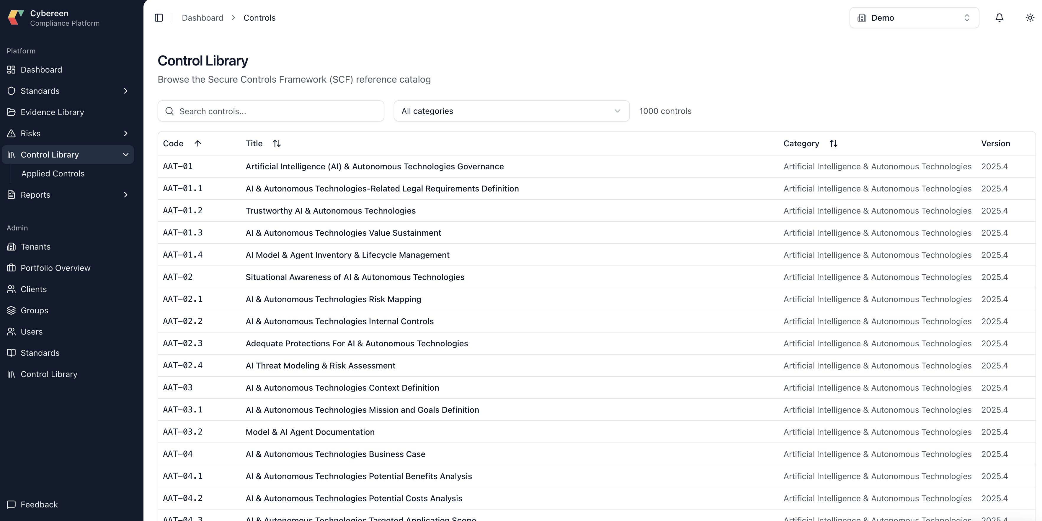 Control library — Secure Controls Framework reference catalogue, 1000 controls across 33 categories.
