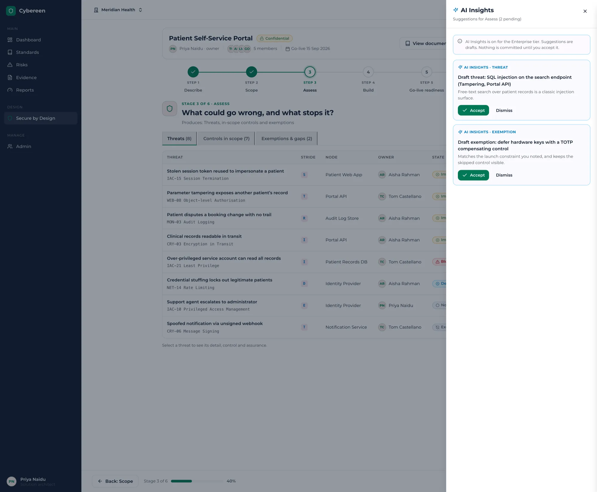 Cybereen Secure by Design — the AI Insights panel drafting threats and exemptions on the Assess stage, each suggestion with Accept or Dismiss