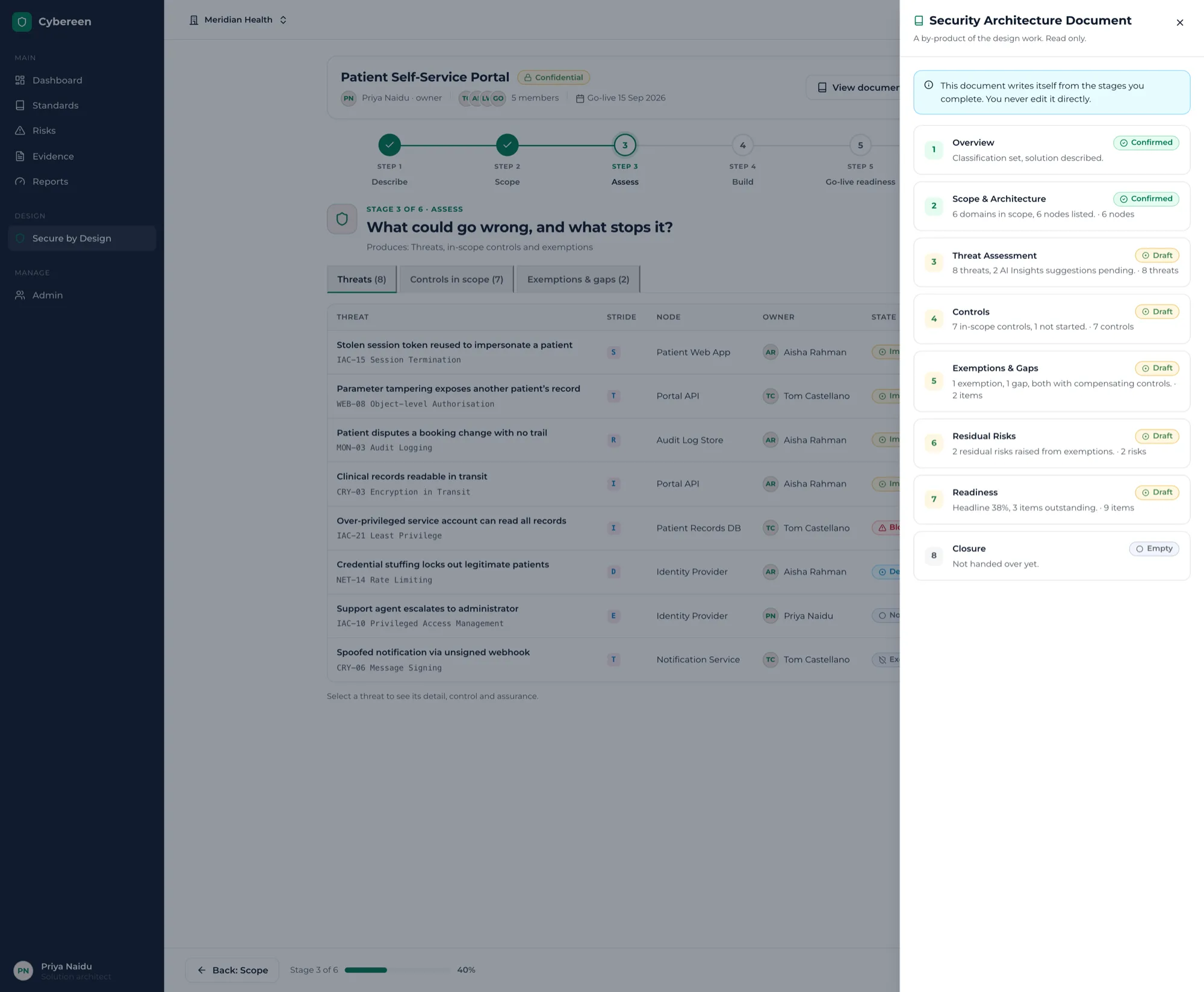 Cybereen Secure by Design — the Security Architecture Document panel assembling live beside the journey, each chapter marked Confirmed, Draft or Empty